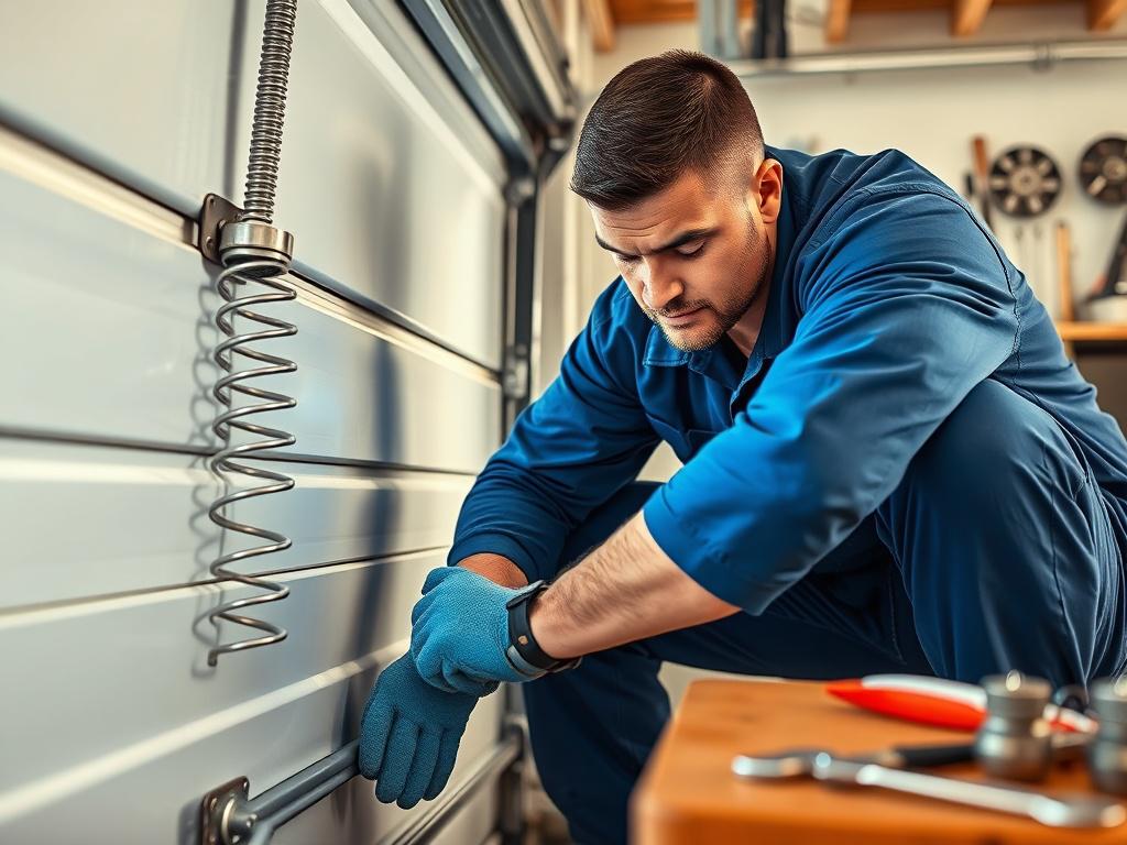 **AI Image Generation Prompt:**

Create a realistic high-resolution image that depicts a garage door repair specialist at work. The scene should focus on a male technician, wearing a blue uniform and safety gloves, inspecting a traditional garage door with a broken spring. The technician should be crouched down, closely examining the door's mechanism, showcasing a look of concentration and expertise. 

In the background, a clean garage environment is visible, with tools like wrenches and screwdrivers neatly