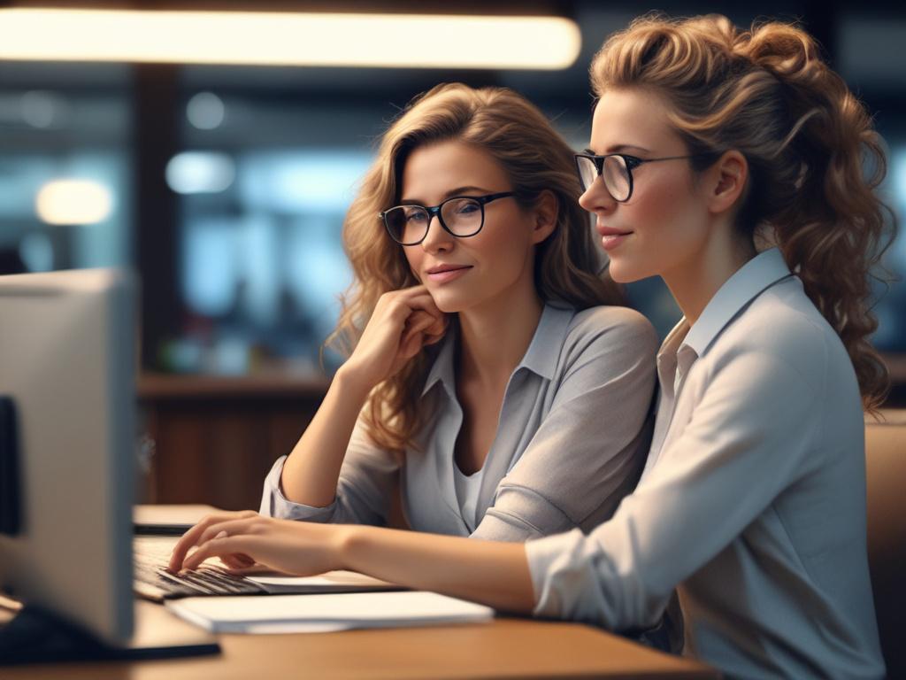 Create a hyper-realistic high-resolution image focusing on a thoughtful and engaged individual sitting at a modern workspace. The subject should be a middle-aged woman with an insightful expression, reflecting deep concentration as she analyzes demographic charts and market research data on a laptop. Use natural lighting to enhance the clarity of her features and the detailed elements on her desk.

In the background, depict a stylish office environment with shelves filled with marketing books and a window s