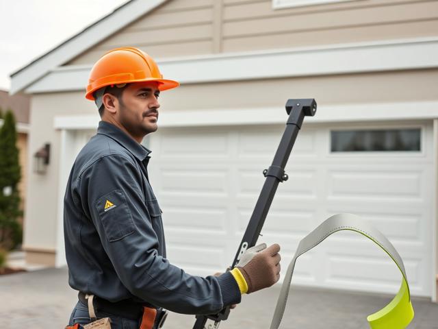 **AI Image Generation Prompt:**

Create a realistic high-resolution photo focusing solely on a skilled technician professionally installing a modern garage door. The technician, a middle-aged South Asian male wearing a safety helmet and work gloves, should be on the left side of the frame, actively engaged in the installation process. He should be positioned in front of a sleek, contemporary garage door that exemplifies luxury and durability, showcasing features like antibacterial coatings and eco-friendly 