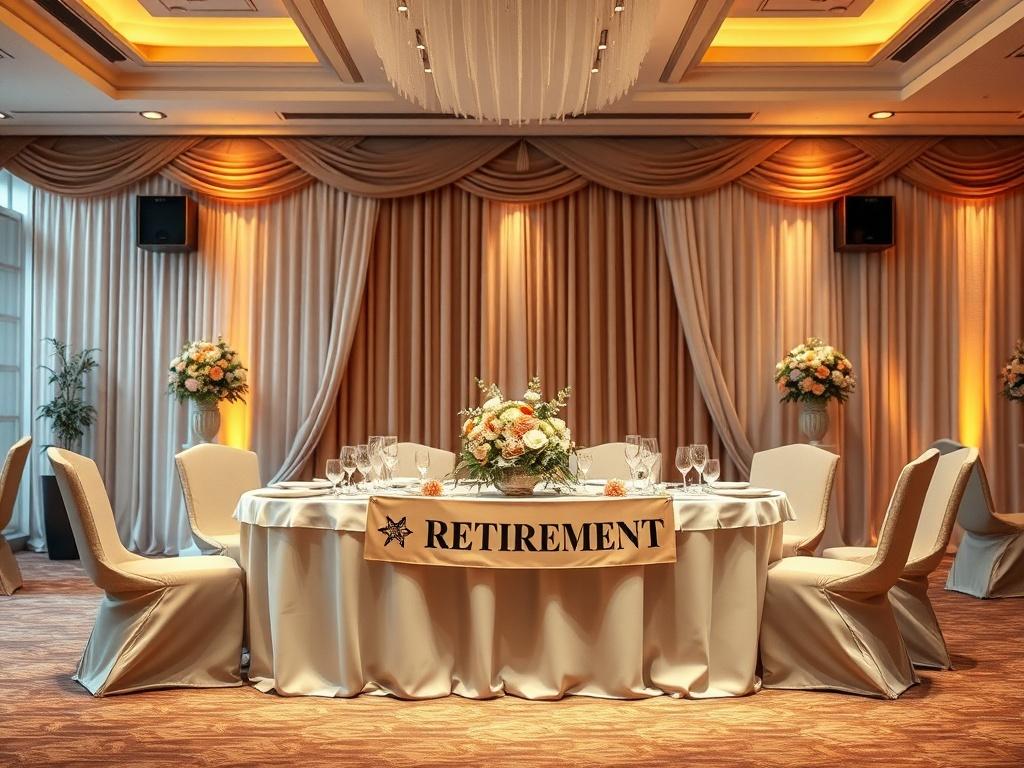 A cozy banquet hall setting with warm golden lighting, featuring a beautifully decorated table set for a retirement farewell. The table is adorned with elegant floral arrangements and a personalized retirement banner. Soft, inviting chairs surround the table, and the background includes soft drapes and ambient lighting, creating a serene and celebratory atmosphere.