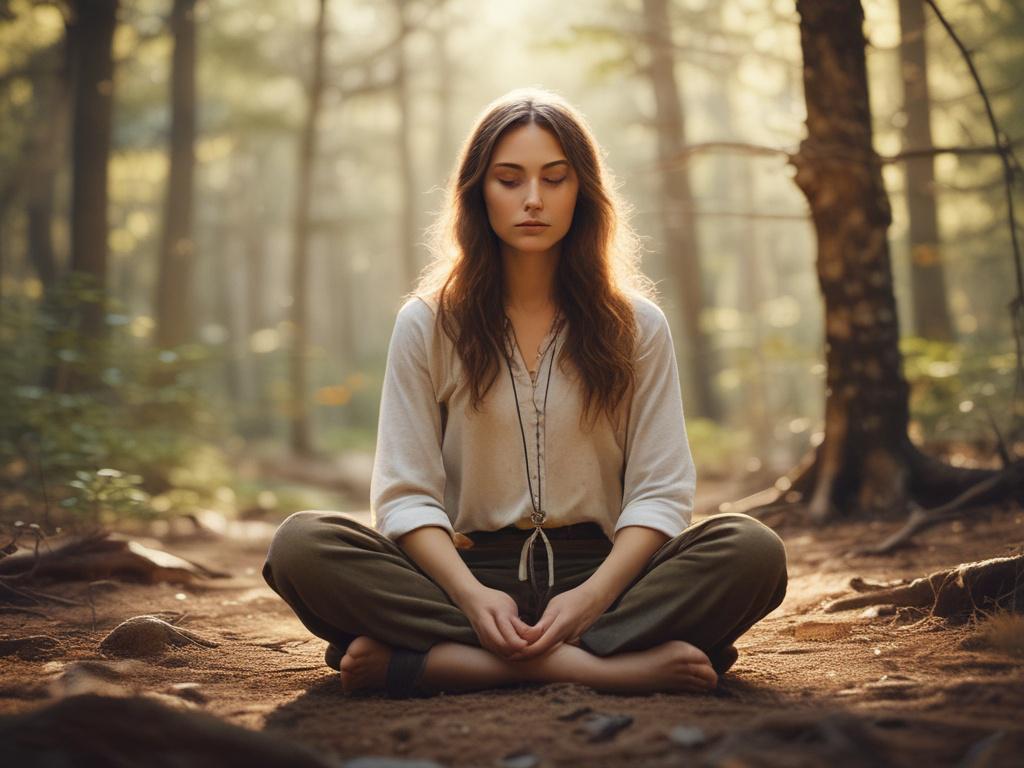 A woman in a serene environment, sitting cross legged with