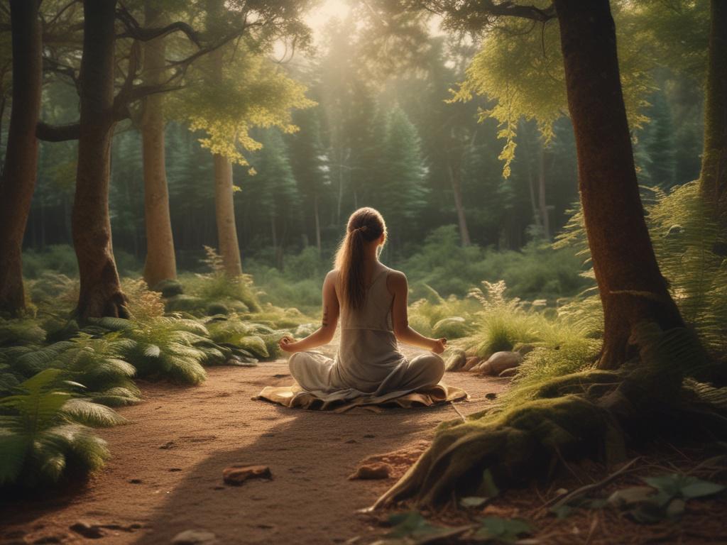 a serene retreat setting with women meditating in nature, surrounded