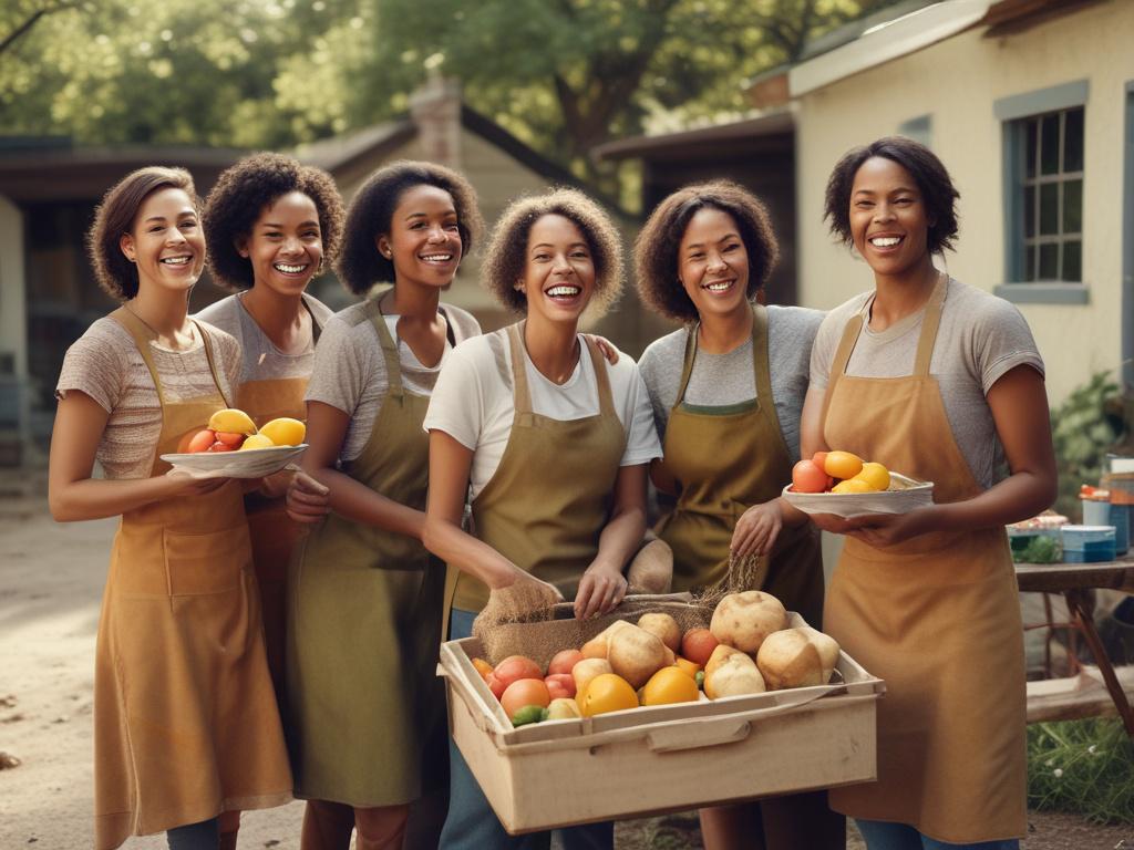 a group of women volunteering in the community, distributing food