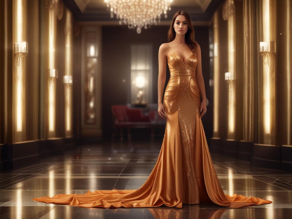 A glamorous woman resembling a celebrity, dressed in a stunning