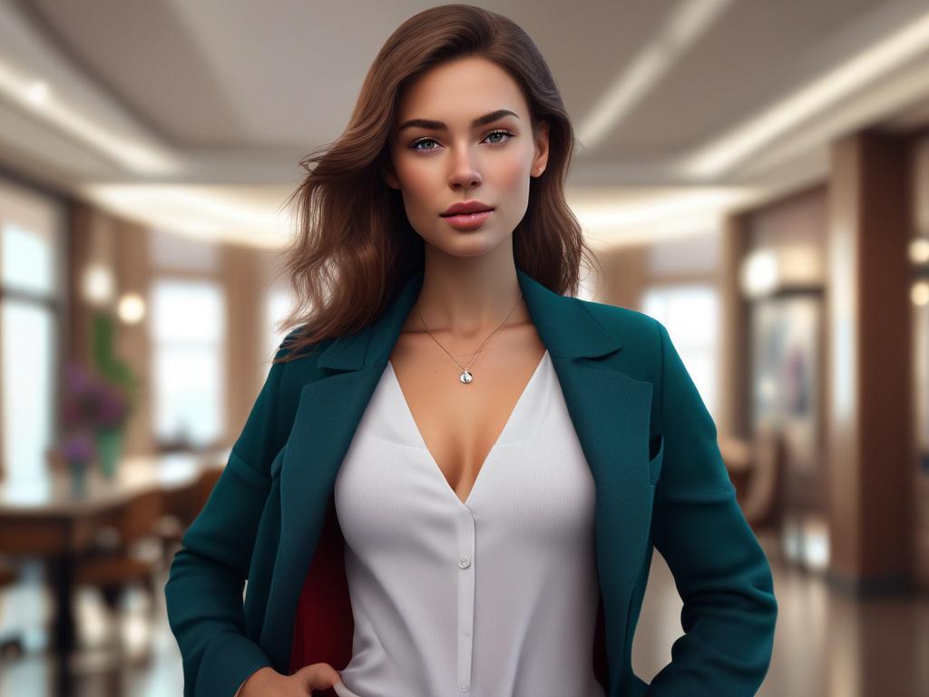 A stunning young woman in a stylish outfit, radiating confidence