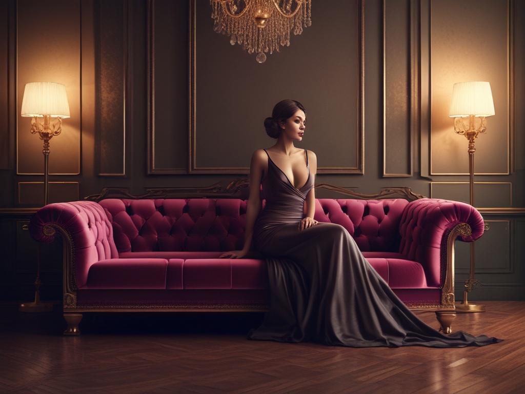 A stunning, elegant escort in a glamorous evening dress sitting