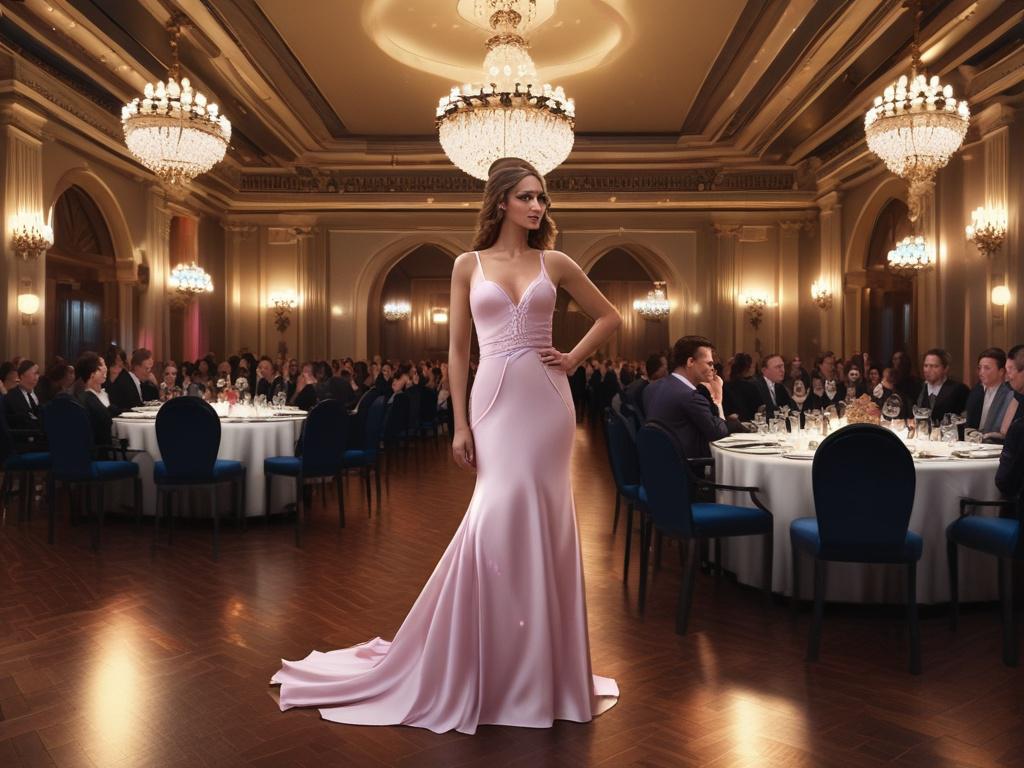 A beautiful escort in an elegant evening gown, gracefully mingling