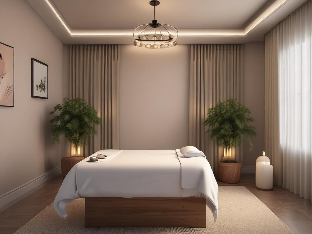 A tranquil massage room with soft lighting and calming decor