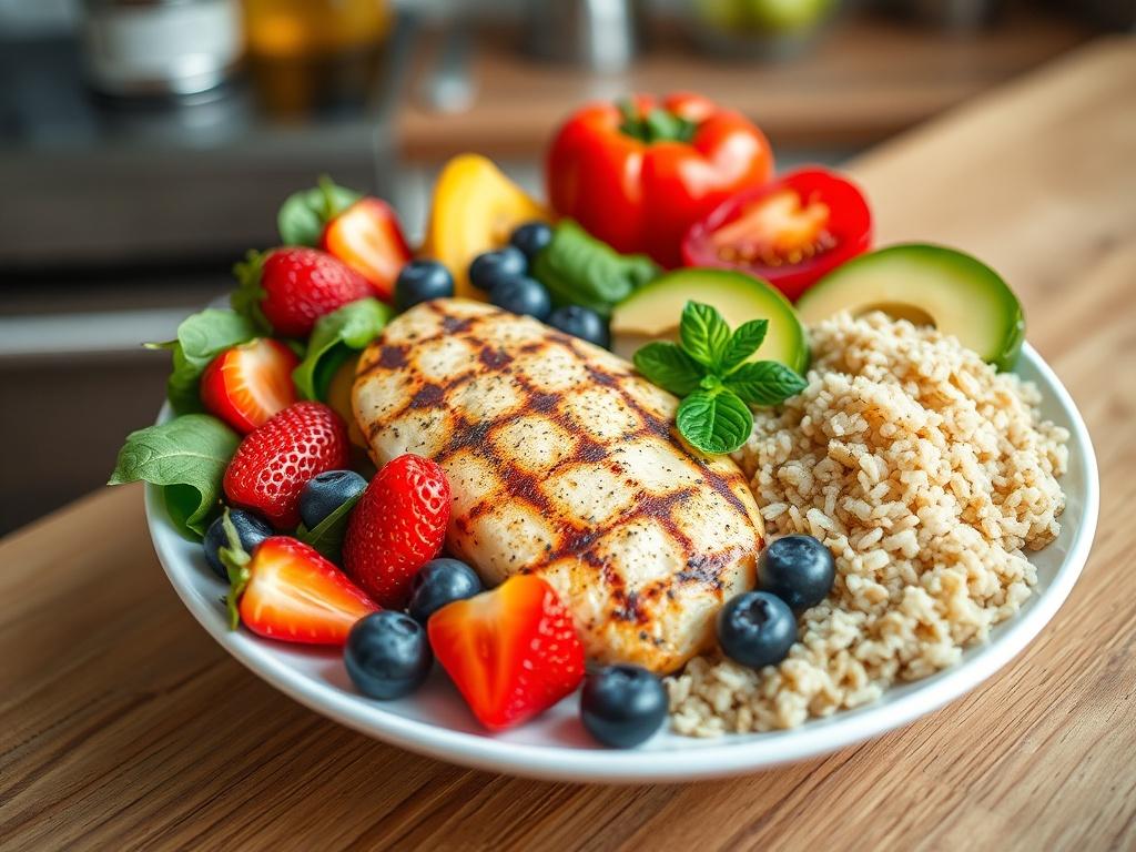 A beautifully arranged plate of healthy food showcasing a balanced meal. The plate features grilled chicken breast as a source of protein, surrounded by an assortment of vibrant fresh fruits like strawberries and blueberries, along with colorful vegetables like spinach, bell peppers, and cherry tomatoes. Whole grains such as quinoa or brown rice are neatly placed on one side, while a sprinkle of healthy fats like avocado slices or a drizzle of olive oil adds a finishing touch. The composition is simple and 