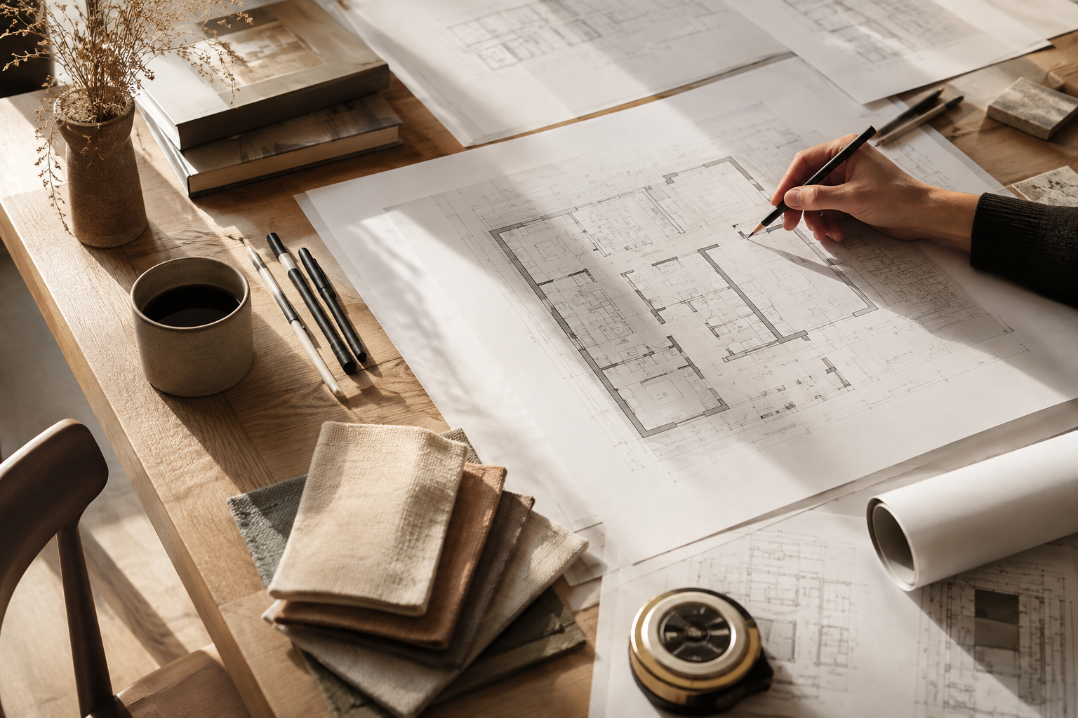 Overhead view of an architect's desk in the Solene Atelier studio with floor plans, a hand sketching in pencil, fabric swatches, a tape measure, and a cup of coffee