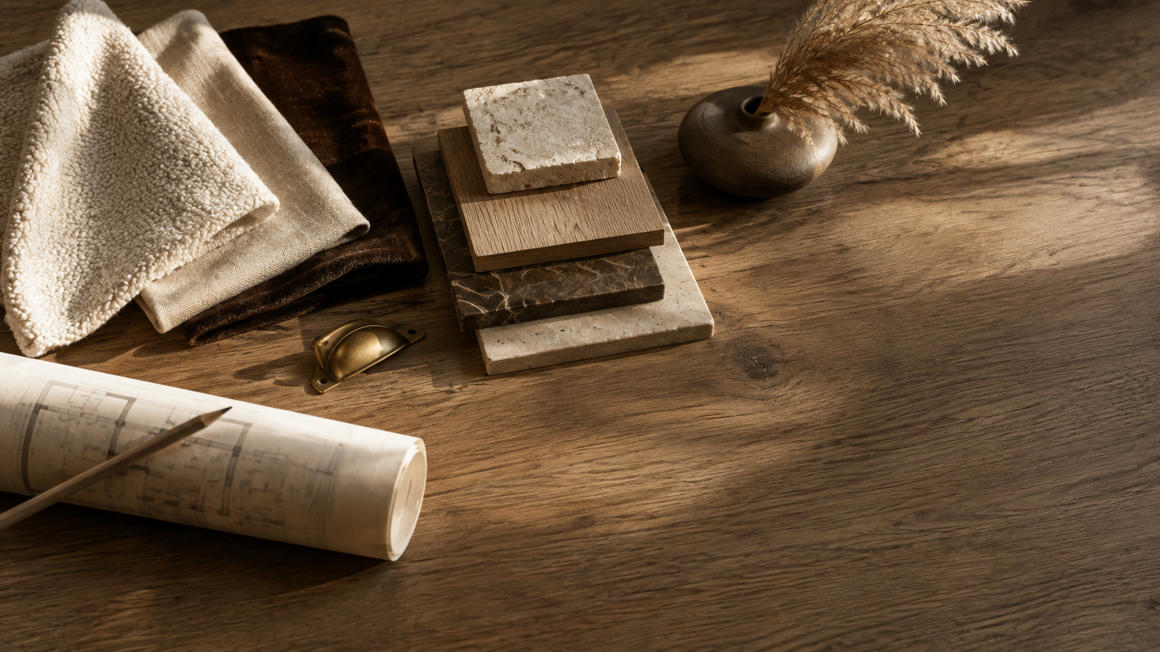 Fabric swatches, stone and wood samples, and brass hardware from a Solene Atelier project, alongside a rolled floor plan