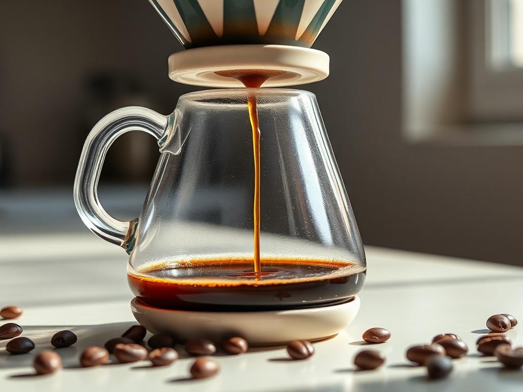 A close-up shot of a pour-over coffee setup with a glass carafe and a ceramic dripper. Freshly brewed coffee drips down into the carafe, and coffee beans are scattered around the base. The scene is set on a light-colored countertop, with natural light streaming in, enhancing the coffee's rich color.