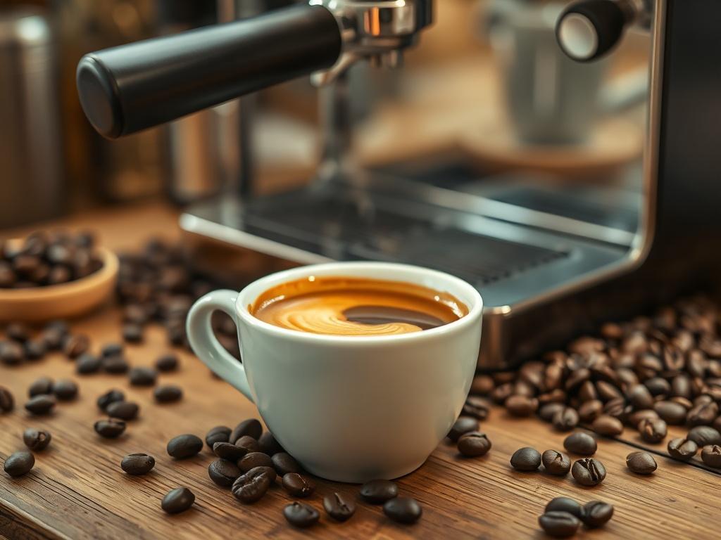 A close-up shot of a steaming cup of espresso on a rustic wooden table, surrounded by coffee beans and an espresso machine in the background. The cup should be white ceramic, with a creamy crema on top, and the lighting should be warm and inviting. The background should be slightly blurred to keep focus on the espresso.