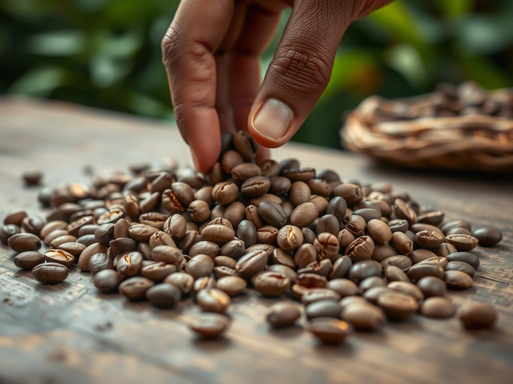 A close-up shot of raw coffee beans being carefully inspected on a wooden table, showcasing the natural texture and color variations. The setting should convey a rustic, authentic feel, with soft lighting to enhance the warmth of the scene. The background should be blurred, focusing on the beans, with a hint of greenery that matches the RGB(50, 170, 39). Shot with a 45mm f/1.2 lens.