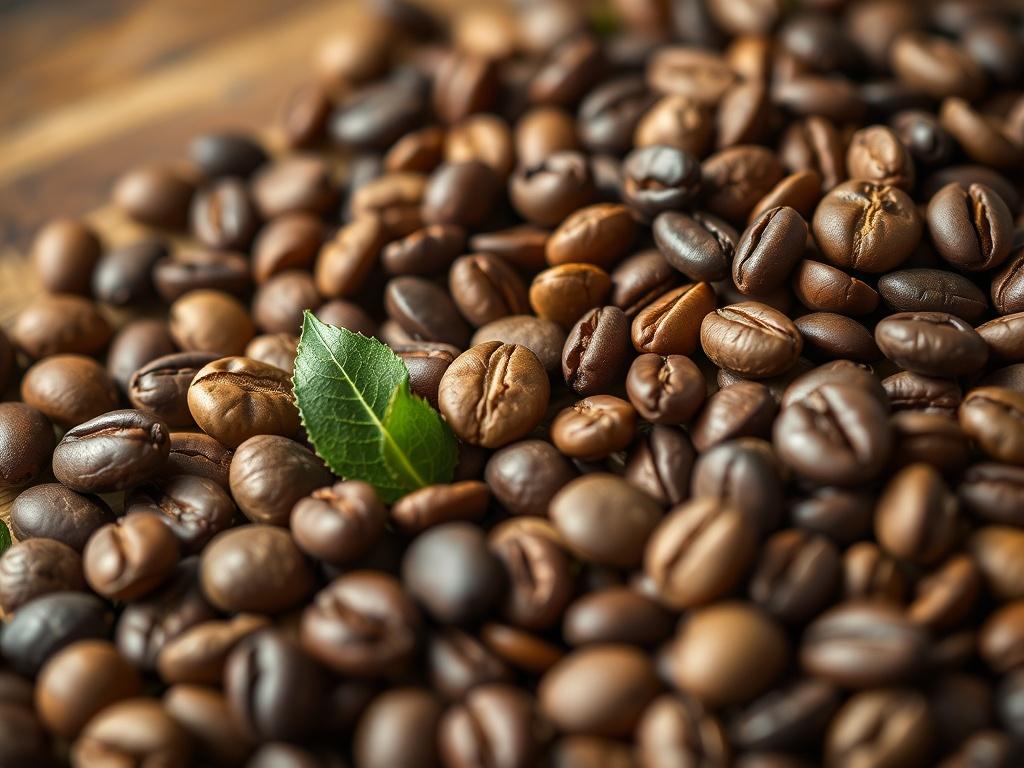 A close-up shot of a beautifully arranged assortment of artisanal coffee beans in various shapes and colors, highlighting the diversity and richness of specialty coffee. The background should be softly blurred to emphasize the beans, with a warm, inviting color palette that complements the green RGB(50, 170, 39). Shot with a 45mm f/1.2 lens.