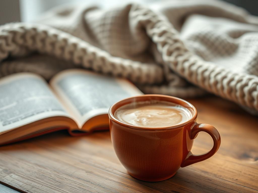 A close-up shot of a steaming cup of decaf coffee placed on a cozy table with a book and a soft blanket in the background. The cup should be ceramic with a warm color, and the coffee should have a rich, inviting appearance. The ambiance should feel relaxing and homey.