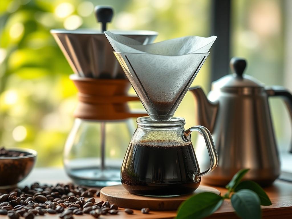 A close-up shot of a coffee brewing setup, featuring a stylish pour-over device, freshly ground coffee, and a kettle. The scene should exude a sense of calm and focus, with natural light illuminating the setup. The background should be softly blurred to keep attention on the brewing process, with greenery that reflects the RGB(50, 170, 39). Shot with a 45mm f/1.2 lens.