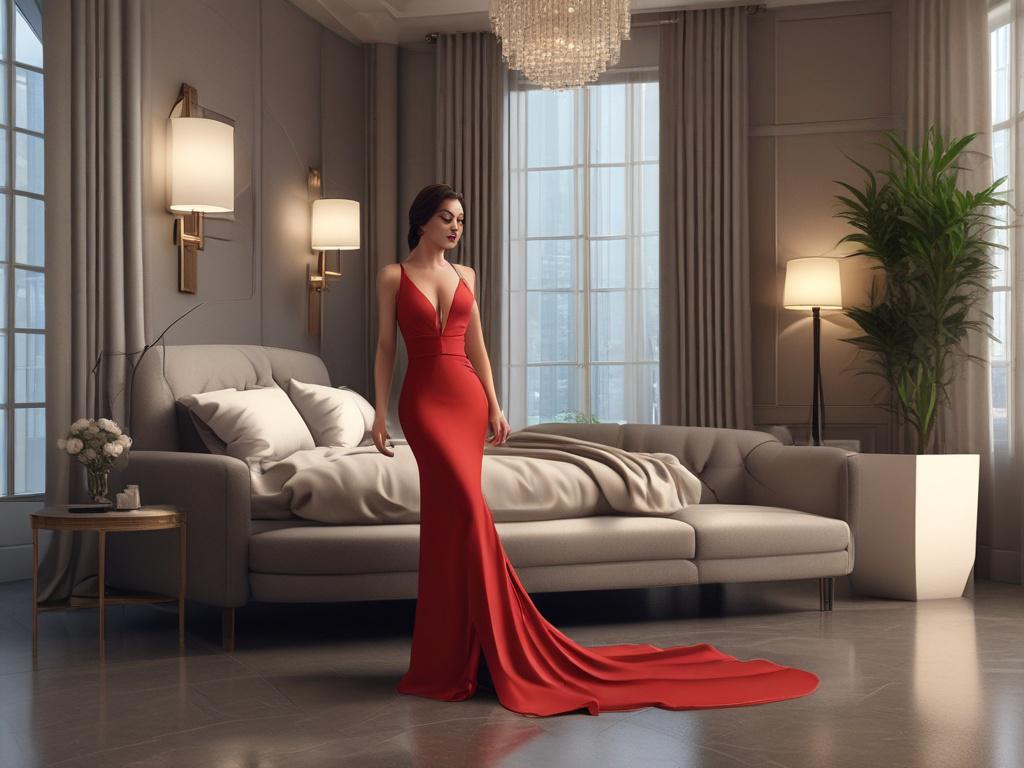 A stunning female escort, elegantly dressed in a sleek evening