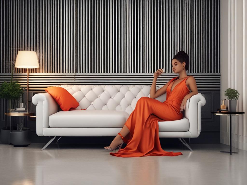 A beautiful escort seated on a plush, inviting sofa in