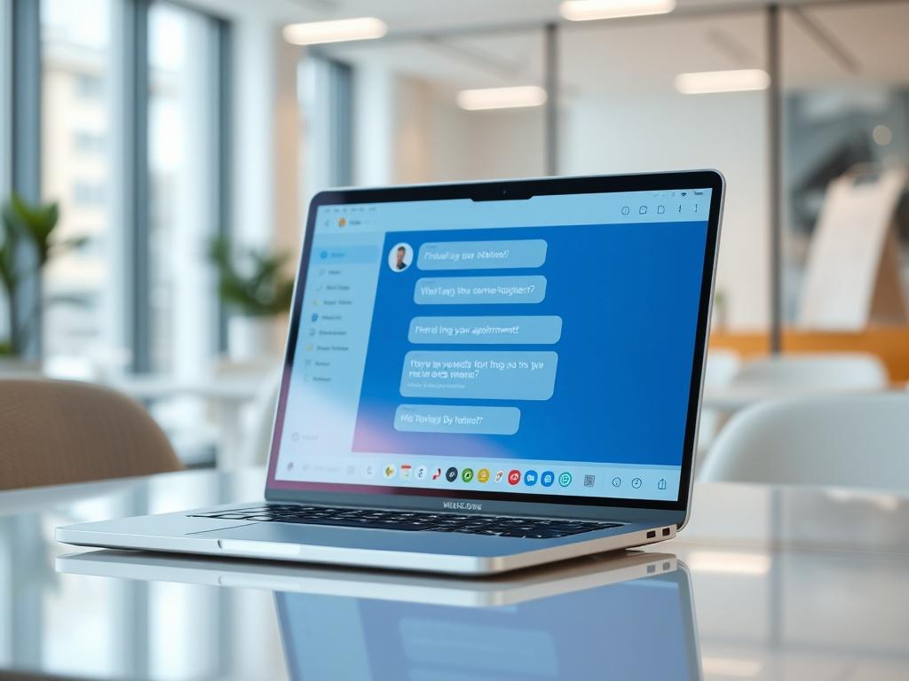 A high-resolution close-up shot of a sleek, modern virtual assistant interface displayed on a stylish laptop. The background should be a softly blurred office environment, reflecting a professional atmosphere. The focus should be on the laptop screen showing a friendly chatbot conversation about scheduling appointments. The lighting should be bright and inviting, with a color palette that includes electric blues and soft gradients to match the primary color theme of rgb(94, 172, 226). The composition should