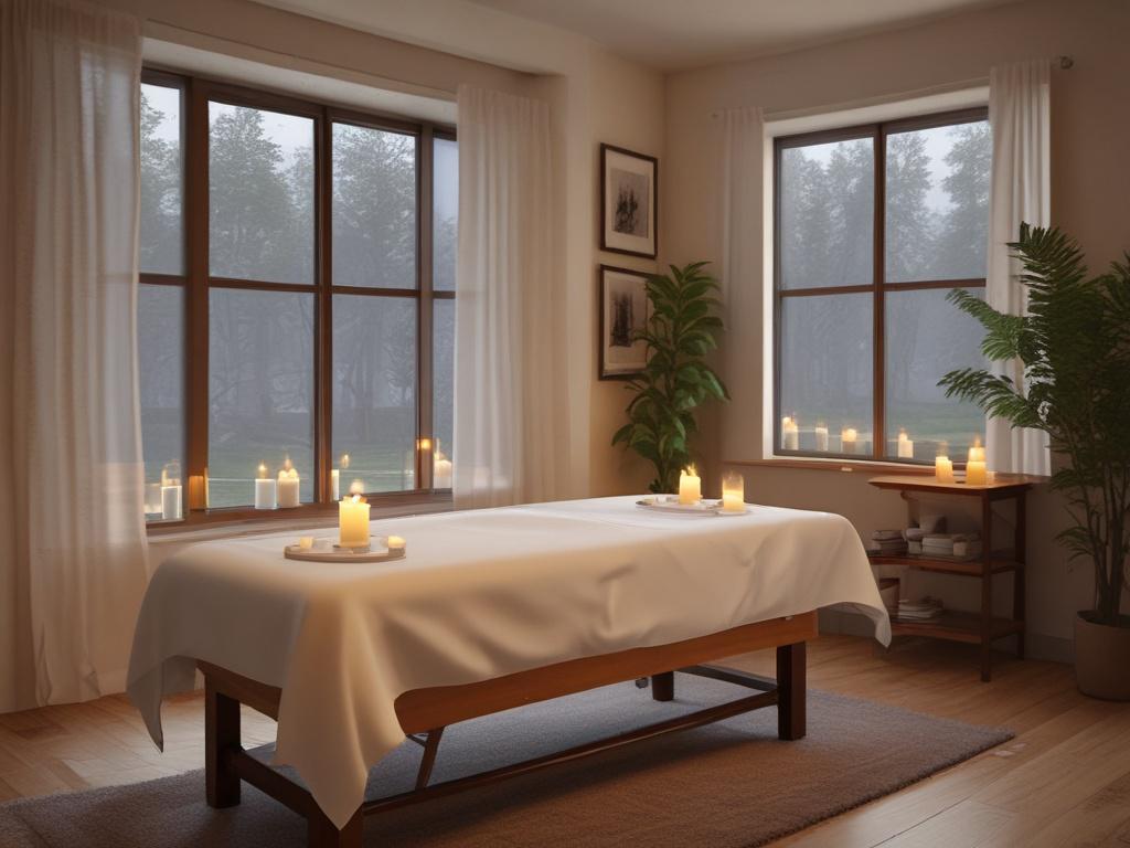 A serene setting with a massage table surrounded by soft