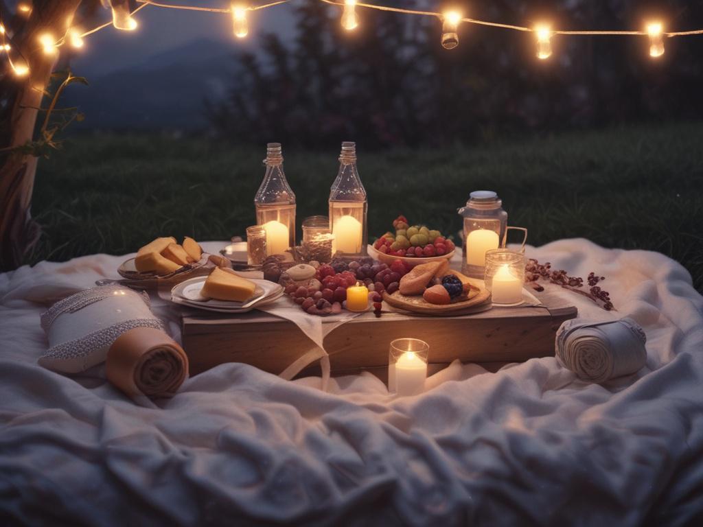 romantic picnic, night sky, gourmet food, fairy lights