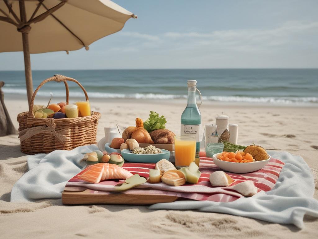 beach picnic, coastal setting, seafood, refreshing drinks