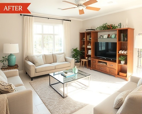 After: Clean, bright, and organized living room