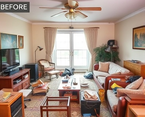Before: Cluttered living room with dust and disorganization