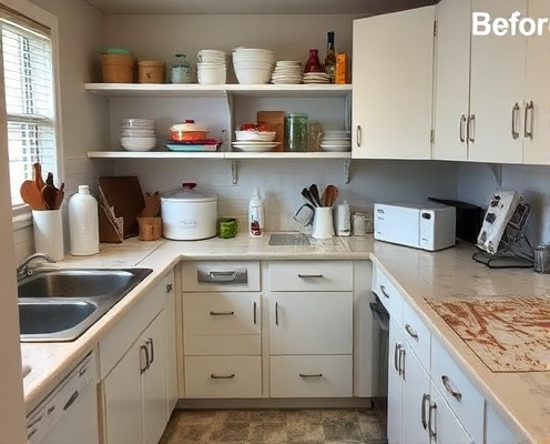 Before: Kitchen with grease splatters and clutter