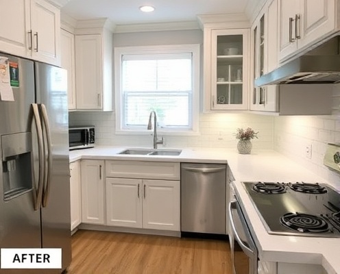 After: Pristine kitchen with shiny appliances and organized counters