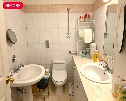 Before: Dirty bathroom with soap scum and grime