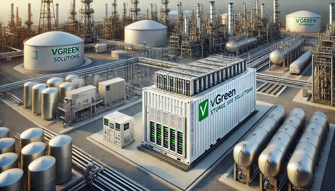 dall·e 2024-11-29 07.35.18 - a realistic, detailed mock-up of a containerized vgreen storage solutions mw-scale energy system designed for grid stabilization at refineries. the sy.webp