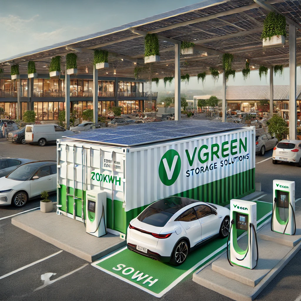 a 100kwh vgreen storage solutions energy storage system located within a modern shopping complex setting. the system is positioned under a solar-roofe (2).webp