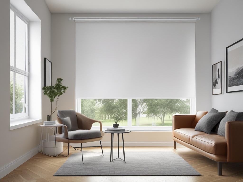 Close-up shot of a white PVC roller blind installed in a modern home interior. The focus should be on the texture of the PVC material and the mechanism of the roller blind. The background should be softly blurred to emphasize the blind, with warm natural light illuminating the scene. The color theme should complement rgb(50, 170, 39), creating a welcoming environment.