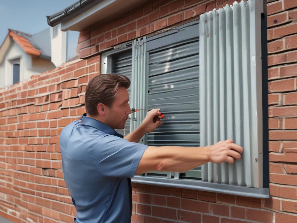 A skilled technician repairing an exterior roller shutter. The technician is focused and attentive, using tools to fix the mechanism of the shutter. The background shows a residential exterior with a clear blue sky and a hint of greenery. The composition should highlight the technician's expertise and the detailed work on the shutter, creating a sense of trust and professionalism.