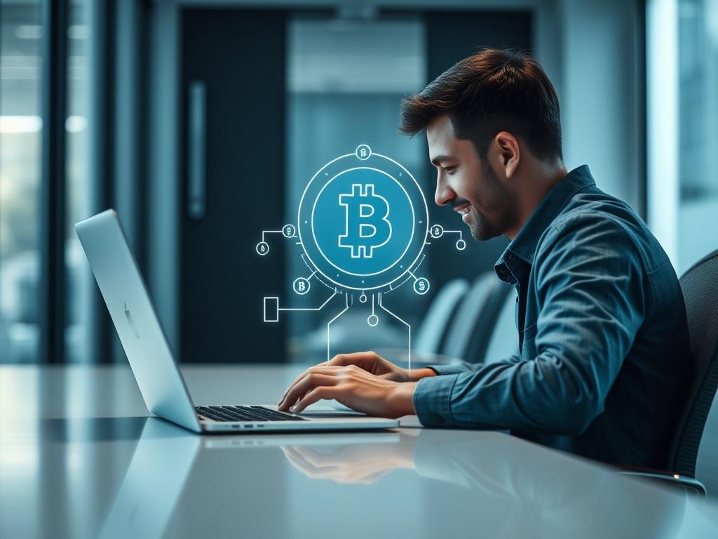 A realistic high resolution of a person connecting a cryptocurrency