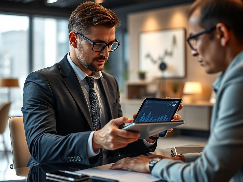 A close up of a professional financial advisor reviewing investment