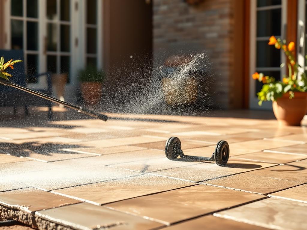 A realistic high resolution image of a power washer cleaning