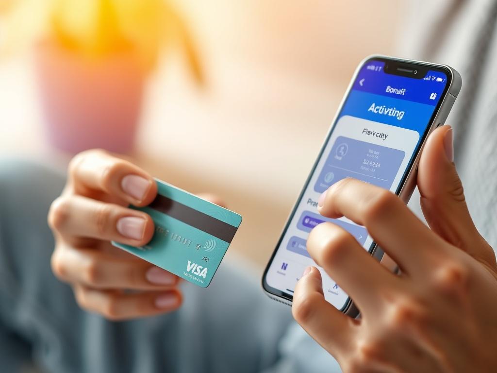 A close up of hands holding a bank card and