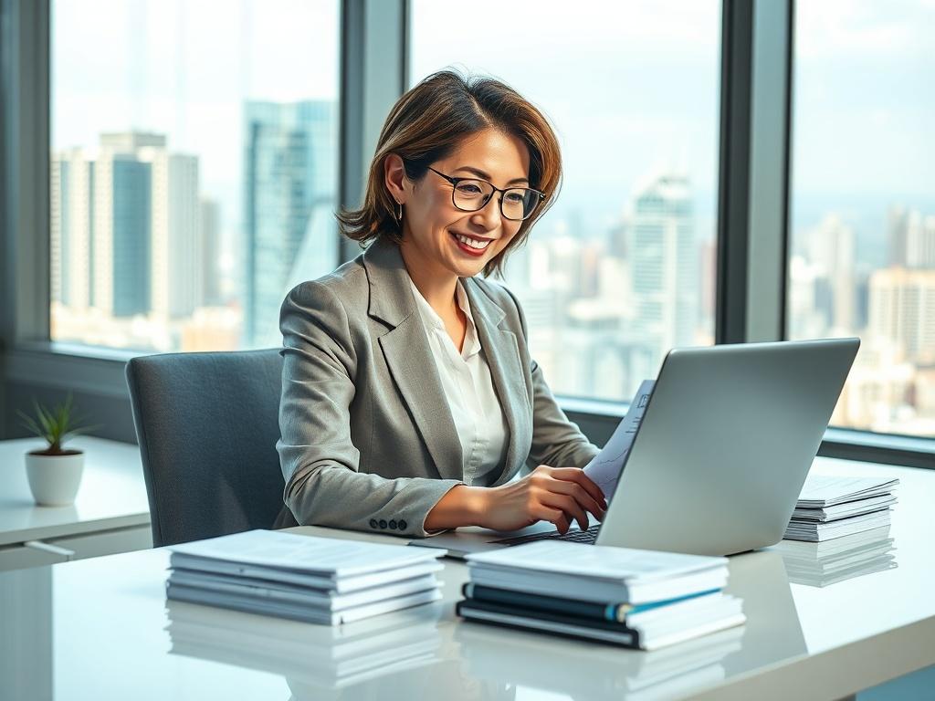 **AI Image Generation Prompt:**

Create a realistic high-resolution photo featuring a single, confident business professional sitting at a sleek, modern desk in a well-lit office environment. The individual should be a middle-aged woman dressed in smart business attire, smiling as she review investment documents on her laptop, symbolizing empowerment and financial growth. 

The background should be minimalistic yet sophisticated, highlighting a large window with a view of a vibrant cityscape, indicating a s