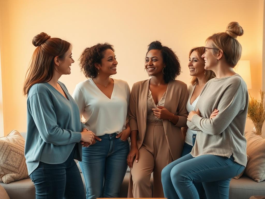 A serene and inviting space showcasing a group of empowered women gathered together in a cozy, softly lit room. They are engaged in a heartfelt discussion, exuding confidence and warmth. The background features gentle golden hues, enhancing the uplifting atmosphere. Each woman displays a sense of purpose and unity, symbolizing strength and support. The composition is simple and clear, focusing on the women and their interactions.