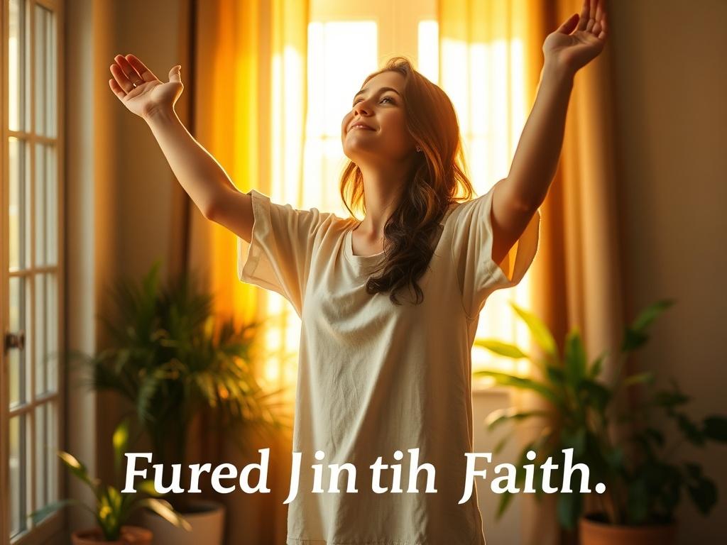 A serene and inviting setting that embodies transformation through faith. The image shows a woman standing in a sunlit room, her arms raised in a gesture of surrender and hope. Soft golden light filters through a window, illuminating her peaceful expression. The background features gentle greenery, symbolizing growth and renewal, creating an atmosphere of warmth and spiritual awakening.