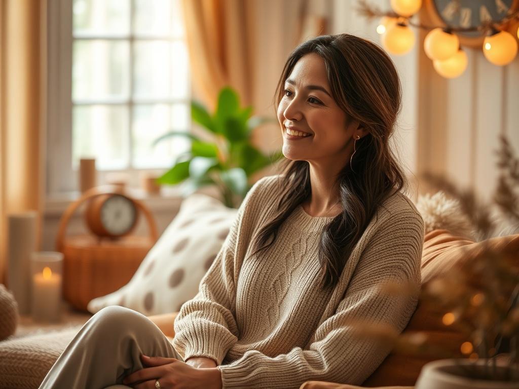 A serene, peaceful setting featuring a woman sitting in a
