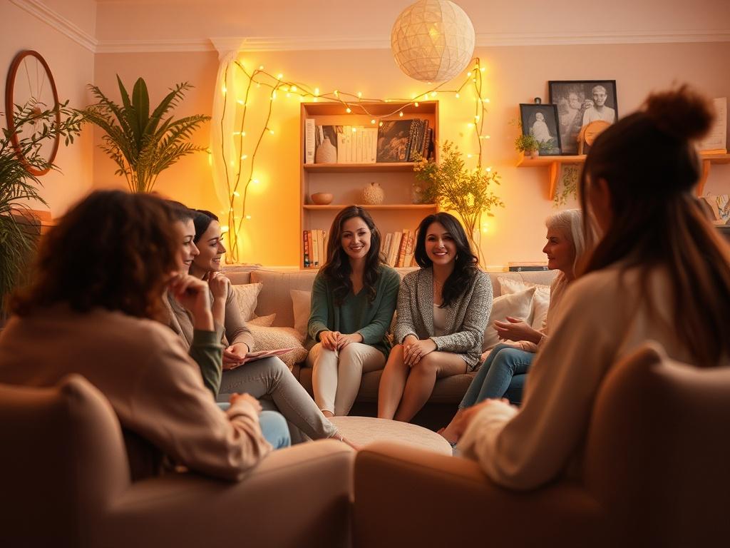 A cozy workshop space filled with women engaging in heartfelt