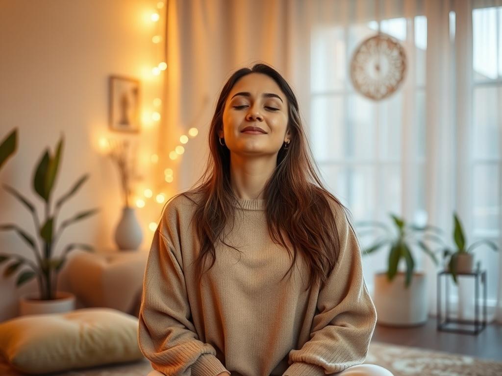 A tranquil therapy room bathed in soft golden light, featuring