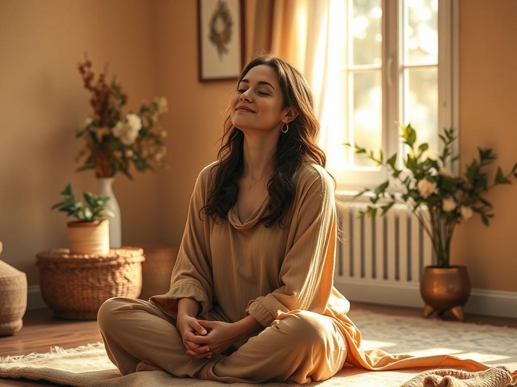 Create a highly detailed and realistic high-resolution photo that encapsulates the theme of "Deliverance and Inner Healing." The composition should feature a single woman as the central subject, seated in a peaceful, serene environment. She expresses a sense of calm and liberation, with gentle sunlight streaming through a nearby window, casting soft golden hues that enhance the cozy, inviting atmosphere.

The woman should be portrayed with closed eyes, a slight smile, and a relaxed posture, symbolizing emot