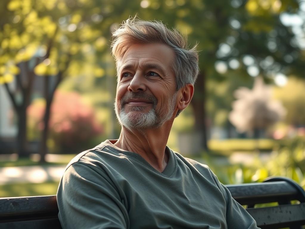 Create a realistic high-resolution image that captures the essence of a personal journey towards overcoming homelessness. The single subject in the photo is a middle-aged man named John, who looks thoughtfully into the distance with a gentle smile on his face, symbolizing hope and resilience. His weathered features tell a story of struggle and triumph. He is dressed in casual, comfortable clothing that reflects a modest lifestyle.

Position John in the foreground, seated on a sunlit park bench surrounded by