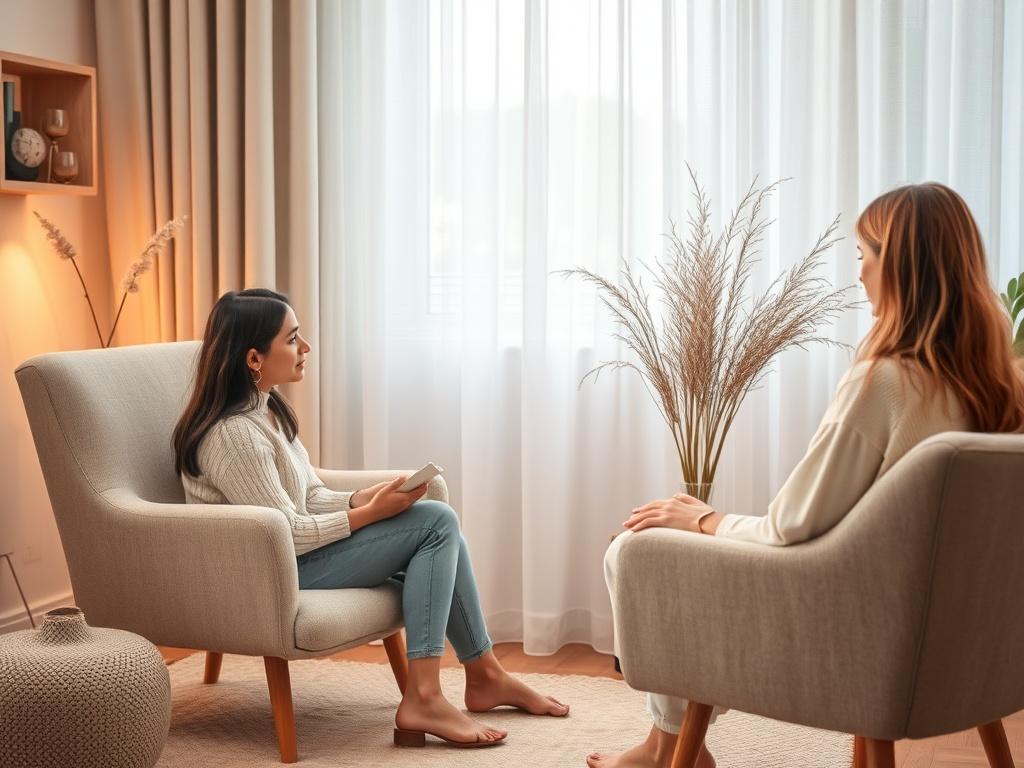 A serene counseling session taking place in a peaceful room,