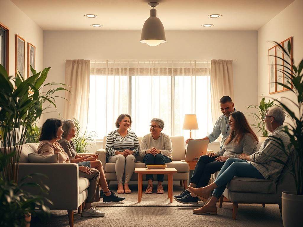 A cozy and welcoming shelter interior, showcasing soft lighting and